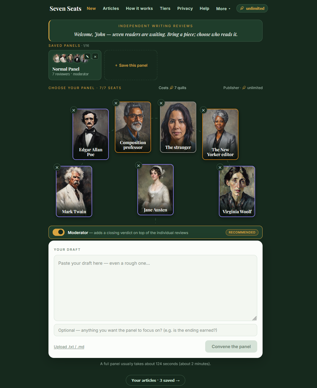 Seven Seats reader-selection panel, with seven reader portraits and an optional moderator.