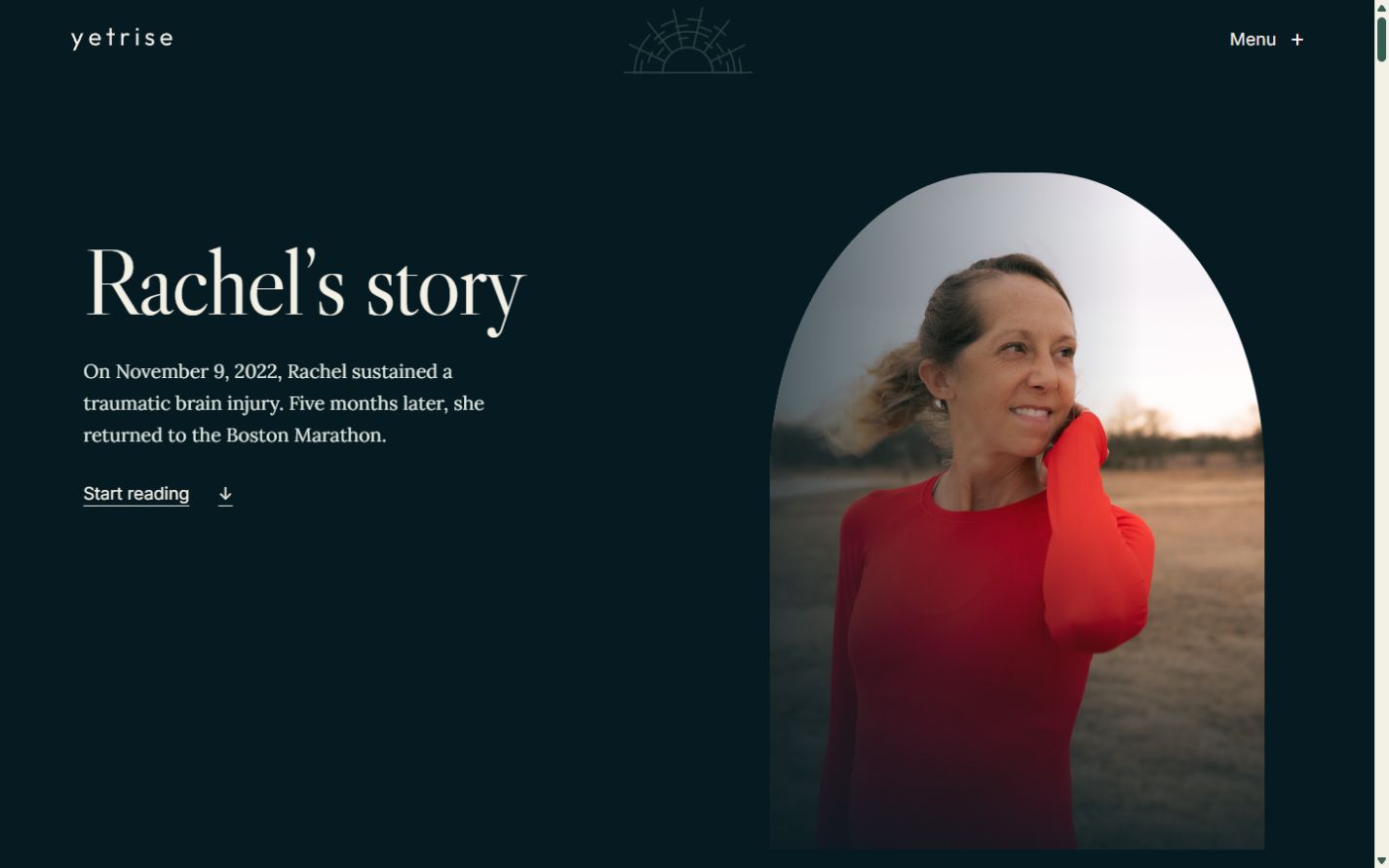 yetrise story page with serif typography and an arched portrait against a deep blue background.